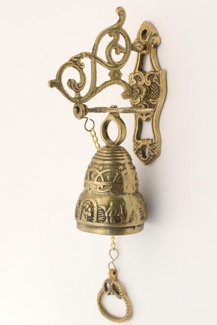 photo of vintage wall mount doorbell or call bell, pull chain solid brass bell w/ hanging bracket #1