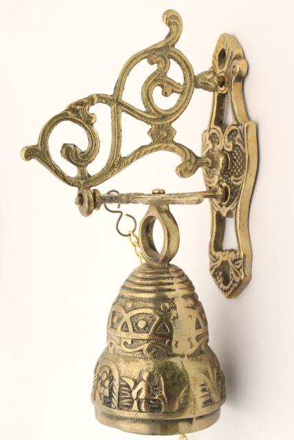 photo of vintage wall mount doorbell or call bell, pull chain solid brass bell w/ hanging bracket #4