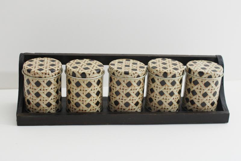 photo of vintage wall mount spice rack w/ tiny tin canisters, cane print storage tins #1