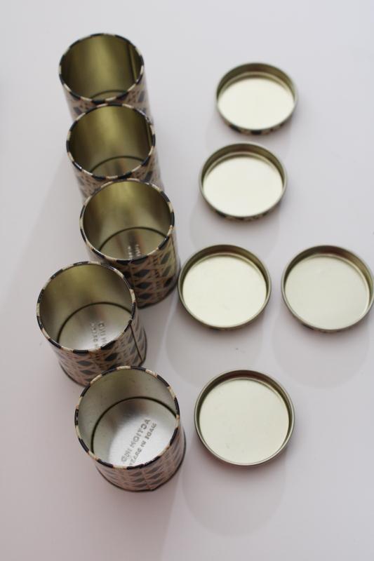 photo of vintage wall mount spice rack w/ tiny tin canisters, cane print storage tins #6