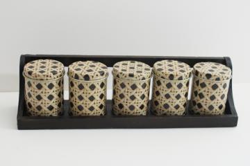 catalog photo of vintage wall mount spice rack w/ tiny tin canisters, cane print storage tins