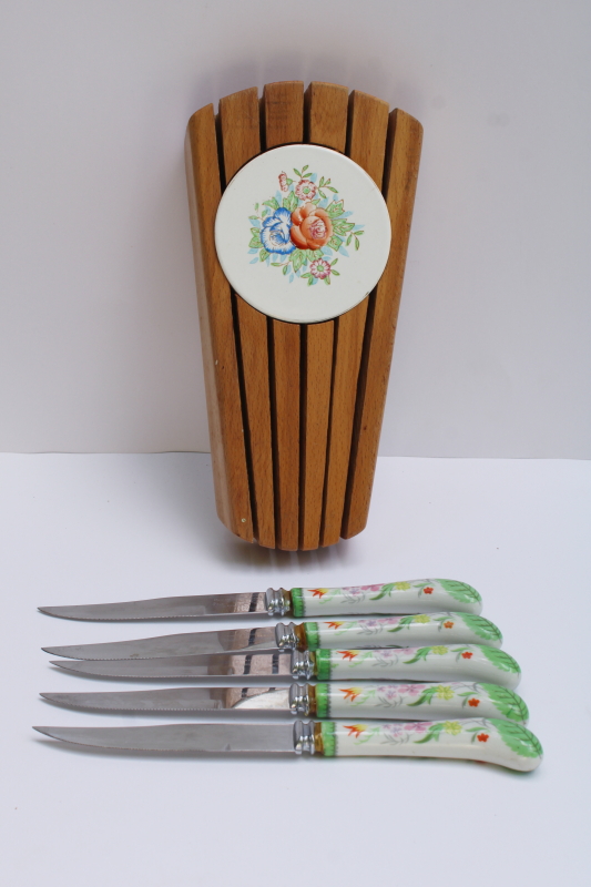 photo of vintage wall rack knife block w/ flowered porcelain handled knives Sheffield Regent stainless blades  #1