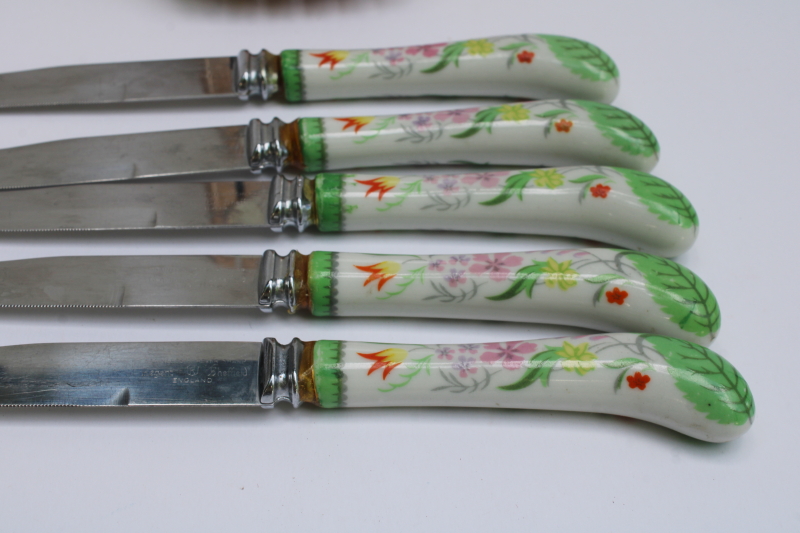 photo of vintage wall rack knife block w/ flowered porcelain handled knives Sheffield Regent stainless blades  #2