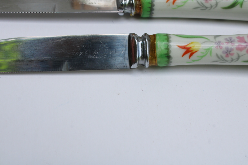 photo of vintage wall rack knife block w/ flowered porcelain handled knives Sheffield Regent stainless blades  #3