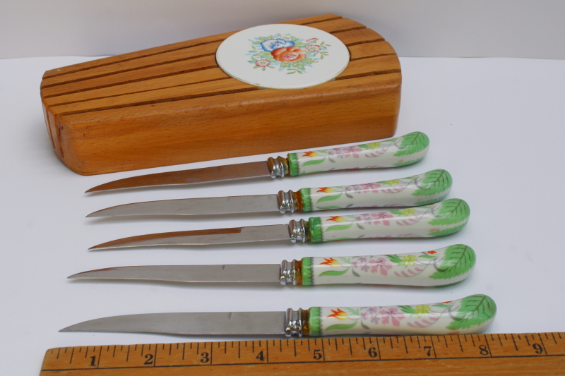photo of vintage wall rack knife block w/ flowered porcelain handled knives Sheffield Regent stainless blades  #4