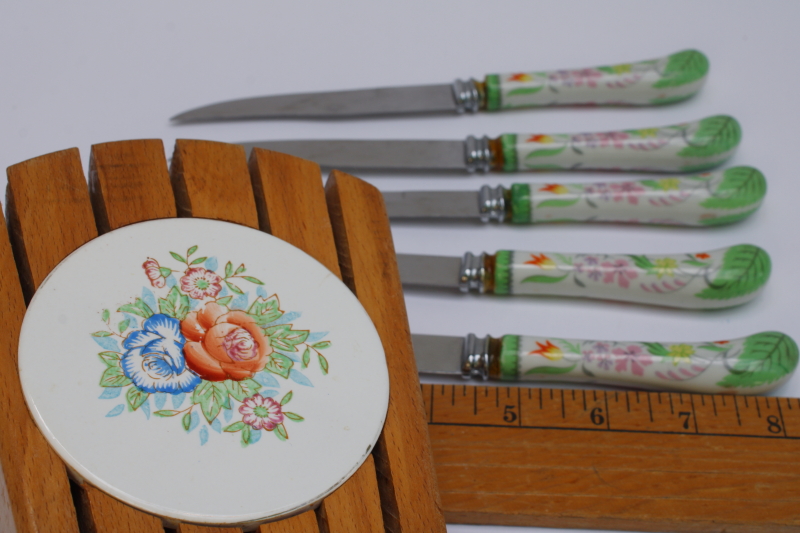 photo of vintage wall rack knife block w/ flowered porcelain handled knives Sheffield Regent stainless blades  #5