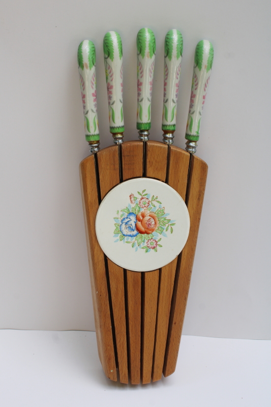 photo of vintage wall rack knife block w/ flowered porcelain handled knives Sheffield Regent stainless blades  #7
