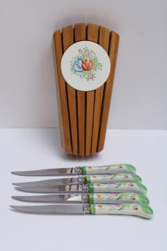 vintage wall rack knife block w/ flowered porcelain handled knives Sheffield Regent stainless blades 