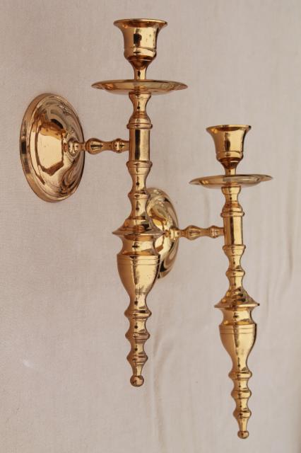 photo of vintage wall sconce set, pair of polished solid brass candle sconces #1