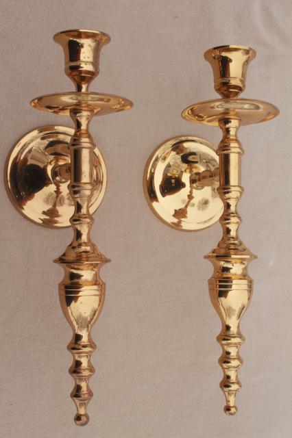 photo of vintage wall sconce set, pair of polished solid brass candle sconces #3