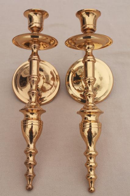 photo of vintage wall sconce set, pair of polished solid brass candle sconces #8