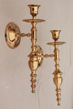 catalog photo of vintage wall sconce set, pair of polished solid brass candle sconces