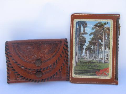 photo of vintage wallet lot, tooled Mexican leather change purse, Palm Beach souvenir #1