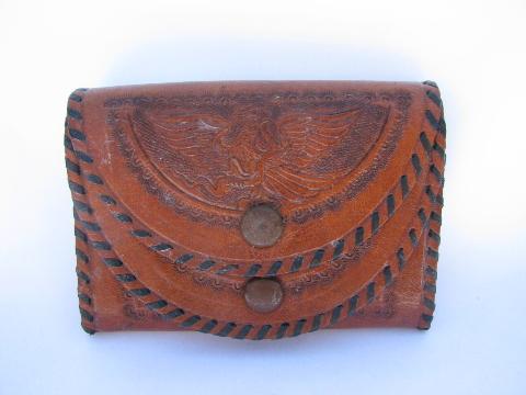 photo of vintage wallet lot, tooled Mexican leather change purse, Palm Beach souvenir #4