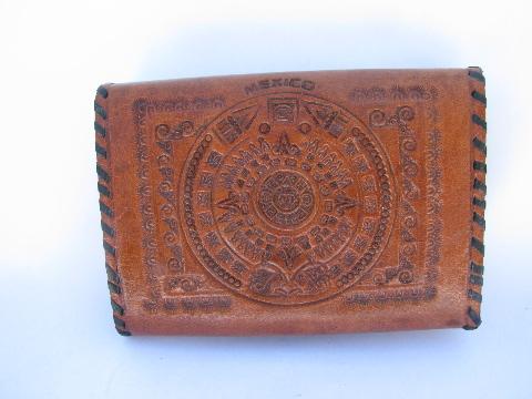 photo of vintage wallet lot, tooled Mexican leather change purse, Palm Beach souvenir #5