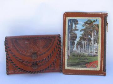 catalog photo of vintage wallet lot, tooled Mexican leather change purse, Palm Beach souvenir