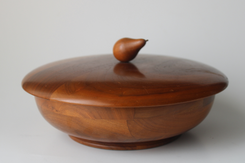 photo of vintage walnut wood bowl w/ cover, large round box w/ hand carved pear finial lid  #1