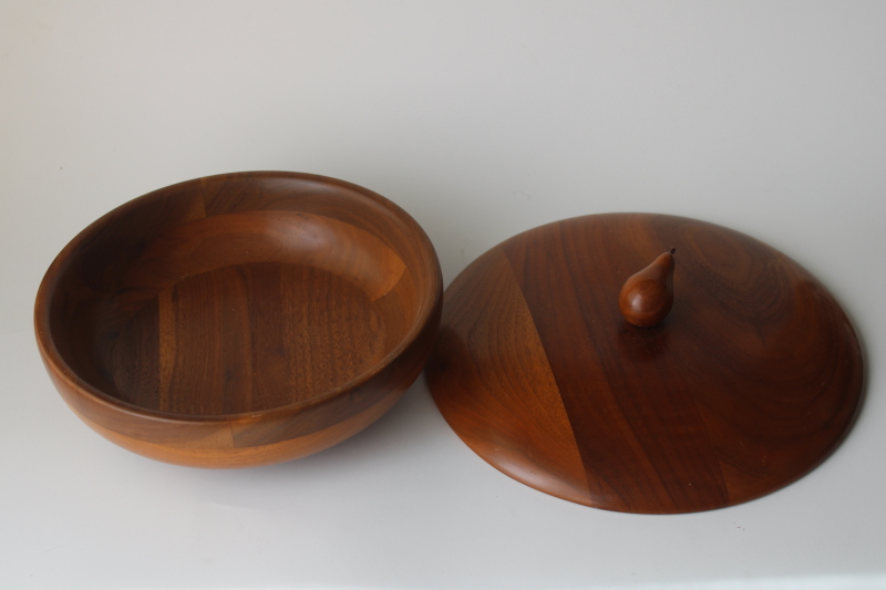 photo of vintage walnut wood bowl w/ cover, large round box w/ hand carved pear finial lid  #2