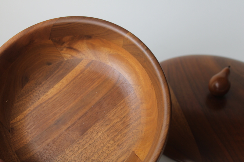 photo of vintage walnut wood bowl w/ cover, large round box w/ hand carved pear finial lid  #3