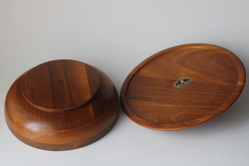 photo of vintage walnut wood bowl w/ cover, large round box w/ hand carved pear finial lid  #4