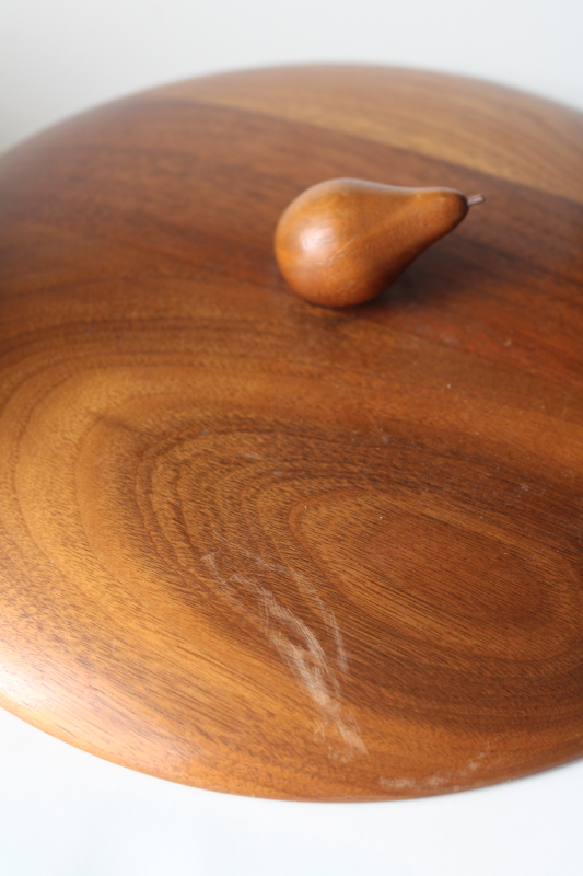 photo of vintage walnut wood bowl w/ cover, large round box w/ hand carved pear finial lid  #7