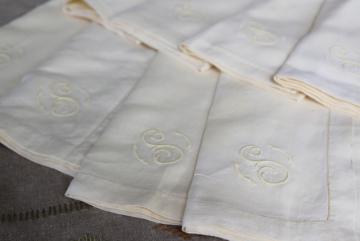 catalog photo of vintage washed linen hemstitched napkins w/ embroidered S monogram, handkerchief linen fabric