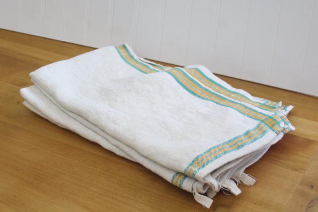 photo of vintage washed linen kitchen towels, soft thick dishtowels gold & jade green stripe #1