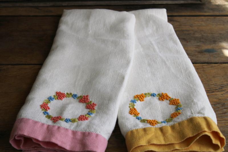 photo of vintage washed linen towels hand embroidered stitching french knots, bath or powder room #3