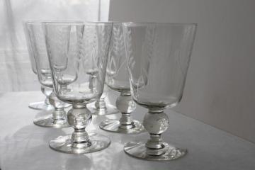 catalog photo of vintage water goblets or wine glasses, Javit crystal etched wheel cut wheat