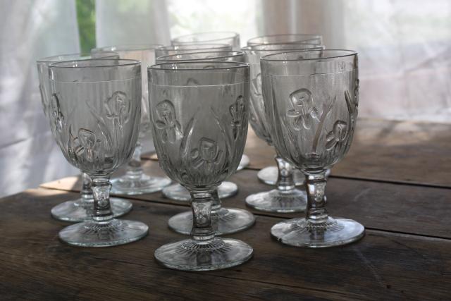 photo of vintage water goblets or wine glasses, crystal clear iris & herringbone depression glass #3