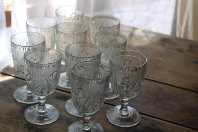 photo of vintage water goblets or wine glasses, crystal clear iris & herringbone depression glass #4