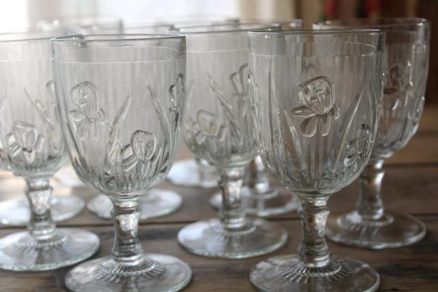 photo of vintage water goblets or wine glasses, crystal clear iris & herringbone depression glass #5