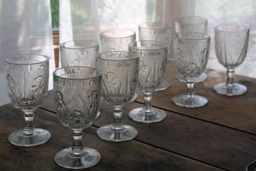 photo of vintage water goblets or wine glasses, crystal clear iris & herringbone depression glass