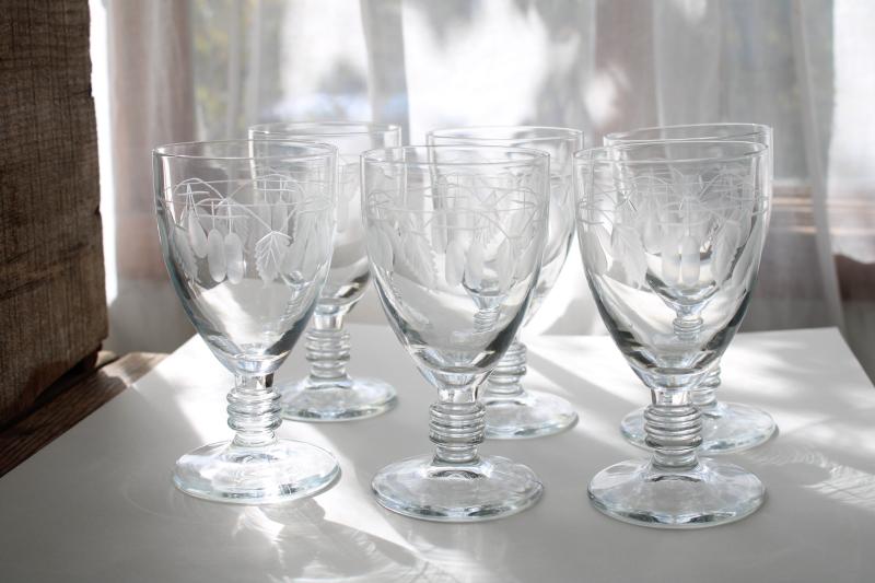 photo of vintage water or wine glasses, large crystal goblets w/ wheel cut etched fruit pattern #1