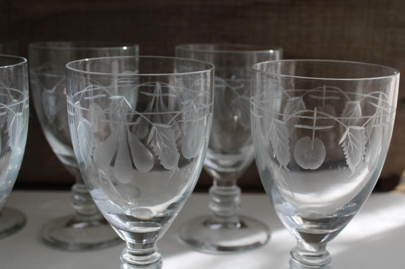 photo of vintage water or wine glasses, large crystal goblets w/ wheel cut etched fruit pattern #2