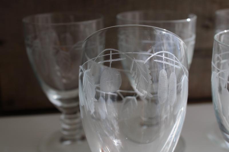 photo of vintage water or wine glasses, large crystal goblets w/ wheel cut etched fruit pattern #3