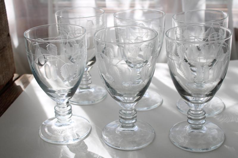 photo of vintage water or wine glasses, large crystal goblets w/ wheel cut etched fruit pattern #4