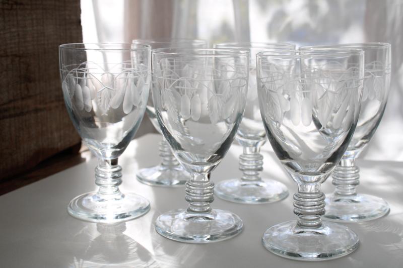 photo of vintage water or wine glasses, large crystal goblets w/ wheel cut etched fruit pattern #5