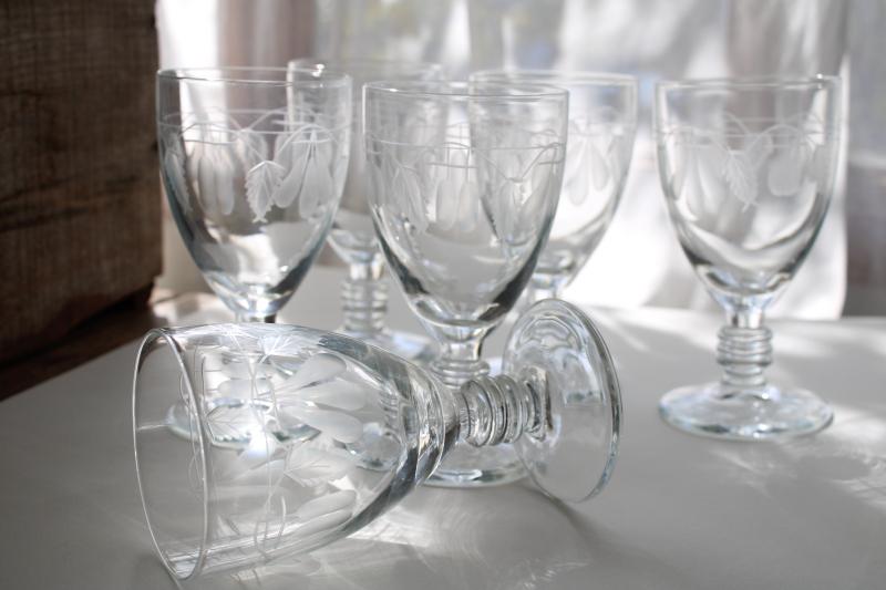 photo of vintage water or wine glasses, large crystal goblets w/ wheel cut etched fruit pattern #6