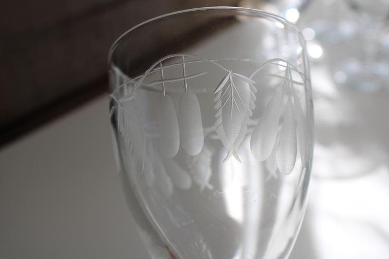 photo of vintage water or wine glasses, large crystal goblets w/ wheel cut etched fruit pattern #7