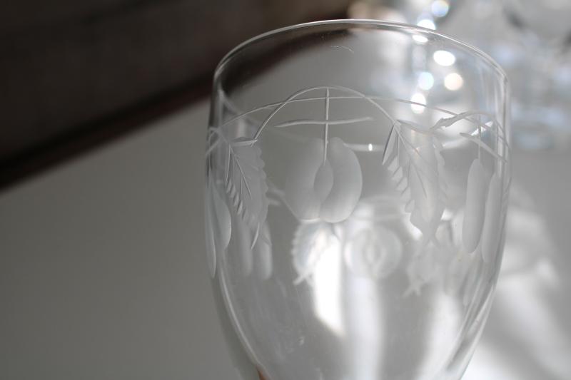 photo of vintage water or wine glasses, large crystal goblets w/ wheel cut etched fruit pattern #8