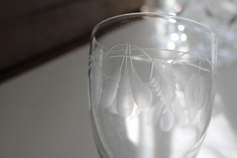 photo of vintage water or wine glasses, large crystal goblets w/ wheel cut etched fruit pattern #9