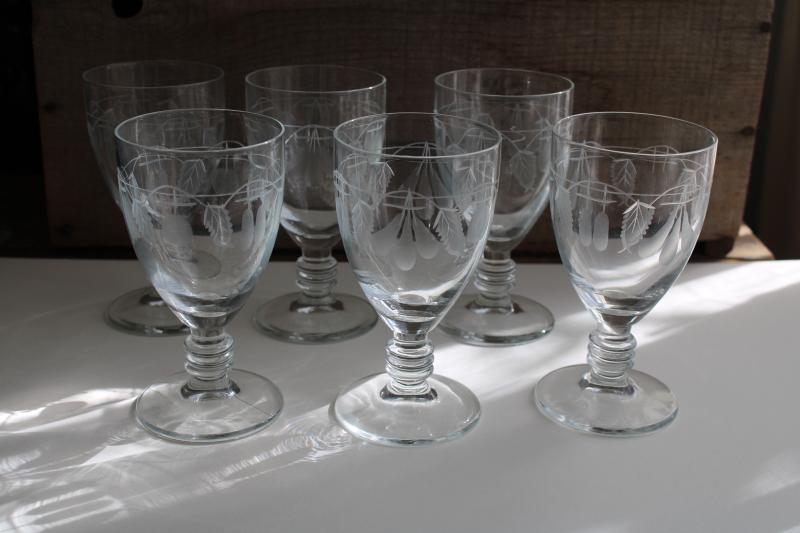 photo of vintage water or wine glasses, large crystal goblets w/ wheel cut etched fruit pattern #10