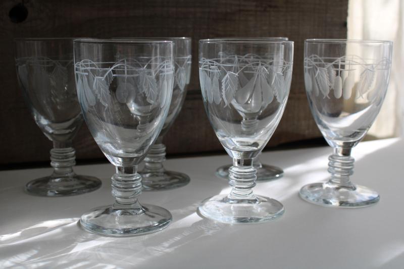 photo of vintage water or wine glasses, large crystal goblets w/ wheel cut etched fruit pattern #11