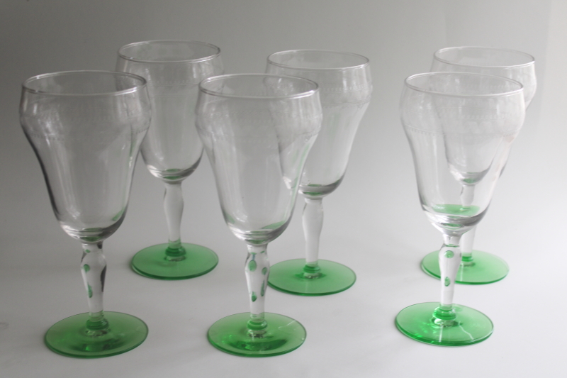 photo of vintage water or wine glasses, large goblets uranium glow green & clear glass  #1