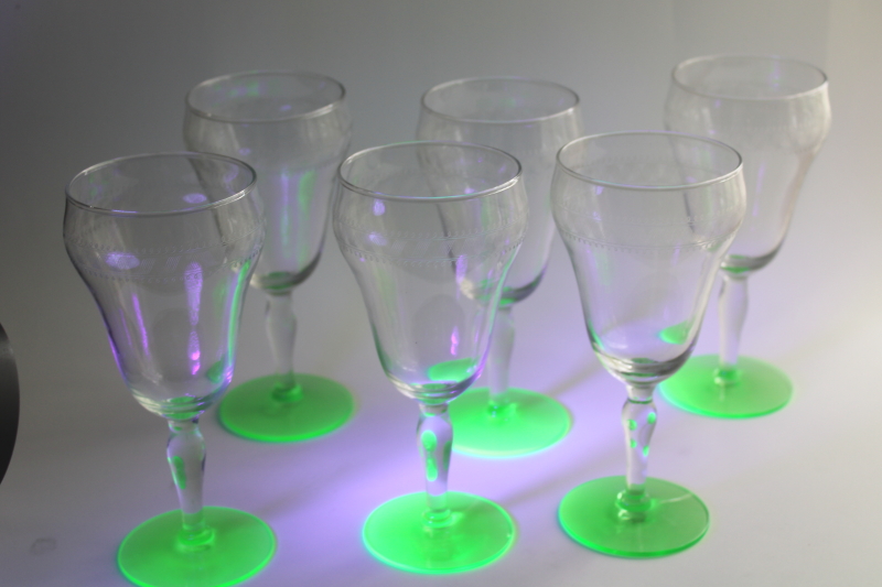 photo of vintage water or wine glasses, large goblets uranium glow green & clear glass  #4