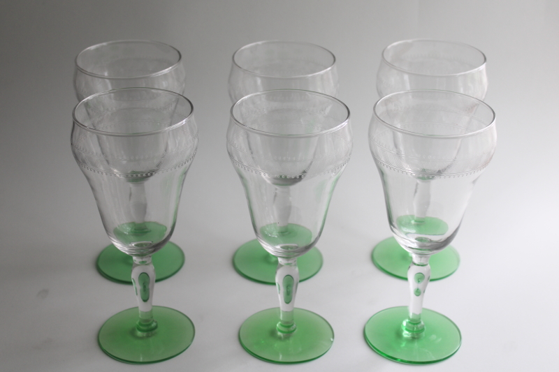 photo of vintage water or wine glasses, large goblets uranium glow green & clear glass  #5