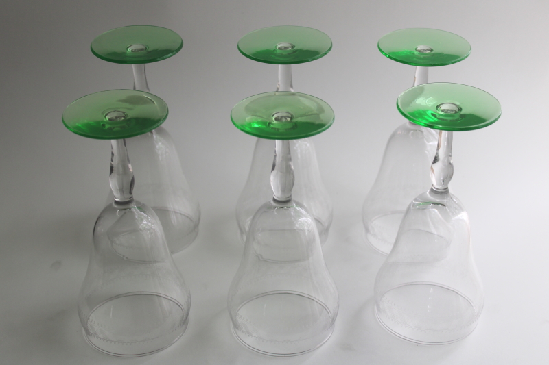 photo of vintage water or wine glasses, large goblets uranium glow green & clear glass  #6