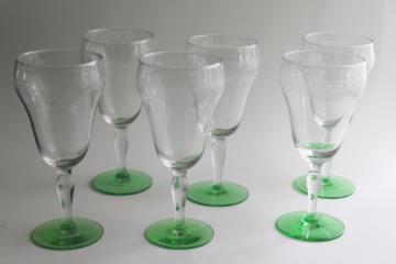 catalog photo of vintage water or wine glasses, large goblets uranium glow green & clear glass 