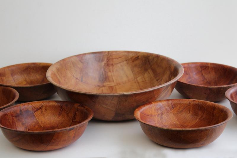 photo of vintage weavewood salad bowls set, woven wood bowls mid-century mod #1